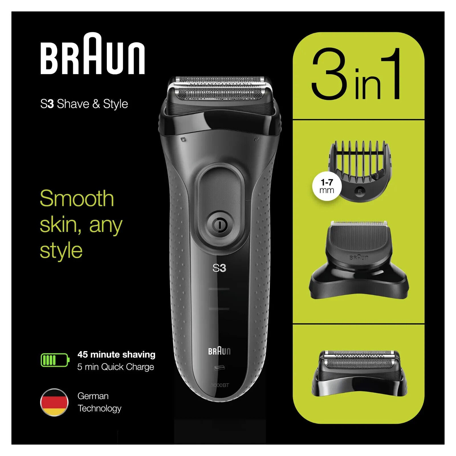 Braun Series 3 Shave&Style 3000BT Elektrorasierer, Herrenrasierer, 5x Aufsätze